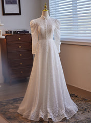 White Lace Tulle Long Sleeve High Neck Wedding Dresses