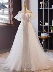 White Lace Tulle Pleats Flower Wedding Dress