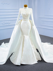 White Meraid Satin Long Sleeve Wedding Dresses With Detachable Train