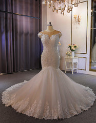 White Mermaid Appliques Cap Sleeve Wedding Dresses