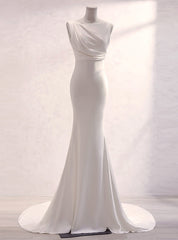 White Mermaid Backless Pleats Wedding Dresses