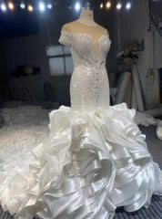 White Mermaid Cap Sleeve Organza Beading Crystal Wedding Dresses