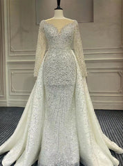 White Mermaid Heavy Beading Long Sleeve Backless Wedding Dresses