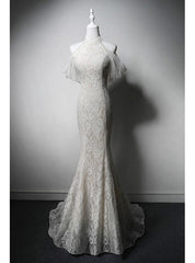 White Mermaid Lace Backless Pearls Wedding Dresses