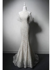 White Mermaid Lace Backless Pearls Wedding Dress