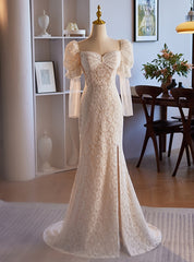 White Mermaid Lace Long Sleeve Square Neck Wedding Dress