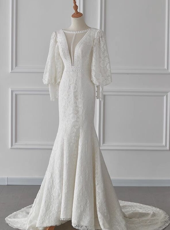 White Mermaid Lace Long Sleeve Wedding Dress