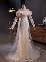 White Mermaid Lace Tulle Pleats Long Sleeve Wedding Dress