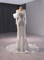 White Mermaid Long Sleeve Beading Wedding Dress