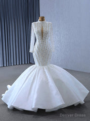 White Mermaid Long Sleeve Sequins Pearls Wedding Dresses