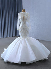 White Mermaid Long Sleeve Sequins Pearls Wedding Dresses