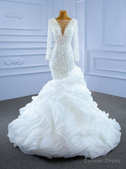 White Mermaid Long Sleeve Tulle Pearls Wedding Dress