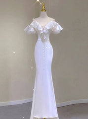 White Mermaid Satin Pearls Wedding Dress