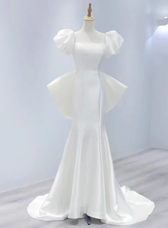 White Mermaid Satin Puff Sleeve Wedding Dress With Bow