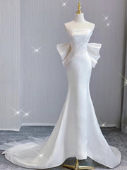 White Mermaid Satin Strapless Wedding Dresses With Bow