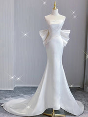 White Mermaid Satin Strapless Wedding Dress With Bow