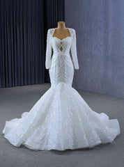 White Mermaid Sequins Backless Pearls Wedding Dresses