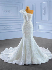 White Mermaid Sequins Beading One Shoulder Wedding Dress