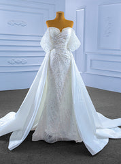 White Mermaid Sequins Beading Pearls Wedding Dresses With Detachable Train