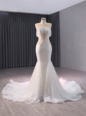 White Mermaid Sequins Beading See Through Wedding Dress