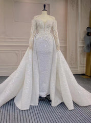 White Mermaid Sequins Pearls Long Sleeve Wedding Dresses With Detachable Train