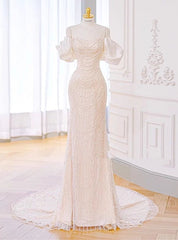 White Mermaid Sequins Pearls Wedding Dresses With Train