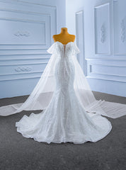 White Mermaid Sequins Pearls Wedding Dress