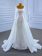 White Mermaid Sequins Square Long Sleeve Pearls Wedding Dresses