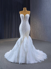 White Mermaid Sweetheart Sequins Pearls Wedding Dress