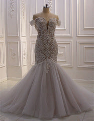 White Mermaid Tulle Appliques Sequins Beading Wedding Dresses