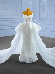 White Mermaid Tulle Appliques Wedding Dresses With Detachable Train