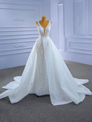 White Mermaid Tulle Beading Pearls V-neck Wedding Dresses With Detachable Train