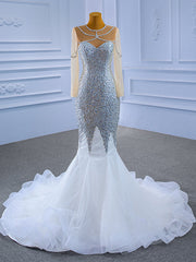 White Mermaid Tulle Crystal Beading Long Sleeve Wedding Dresses