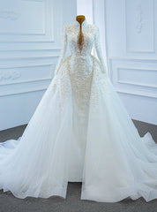 White Mermaid Tulle Long Sleeve Appliques Pearls Wedding Dresses