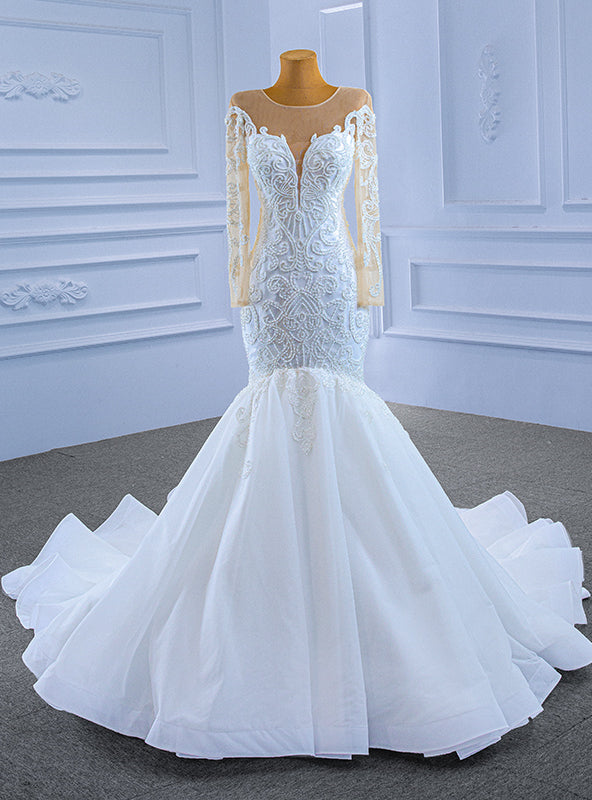 White Mermaid Tulle Long Sleeve Beading Wedding Dress