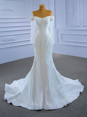 White Mermaid Tulle Long Sleeve Pearls Beading Wedding Dresses