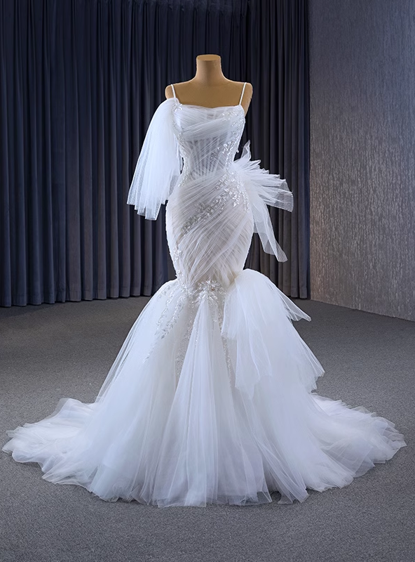 White Mermaid Tulle Pleats Beading Wedding Dress