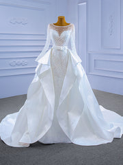 White Mermaid Tulle Sequins Long Sleeve Wedding Dress With Detachable Train