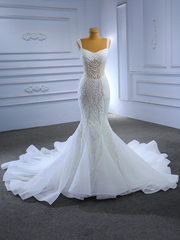 White Mermaid Tulle Straps Beading Wedding Dresses