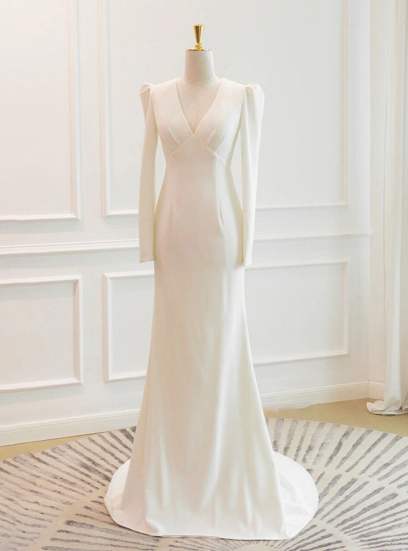 White Mermaid V-neck Long Sleeve Backless Wedding Dress