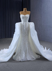 White Mrmaid Sequins Pearls Wedding Dresses