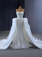 White Mrmaid Sequins Pearls Wedding Dress