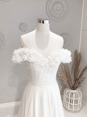 White Off Shoulder Flowers Long Wedding Dresses, White Beach Wedding Dresses