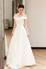 White Off Shoulder Simple Satin Wedding Party Dresses, White Long Prom Dresses