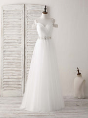 White Off Shoulder Tulle Beads Long Prom Dresses White Evening Dresses