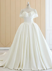 White Off The Shoulder Satin Wedding Dress With Long Train