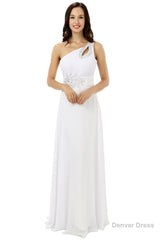 White One Shoulder Chiffon Pleats Beading Bridesmaid Dresses