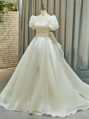 White Organza Square Short Sleeve Weddiing Dresses