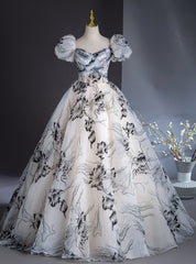 White Print Puff Sleeve Off the Shoulder Quinceanera Dresses