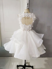 White Round Neck Tulle Lace Short Prom Dresses, Puffy White Lace Homecoming Dresses